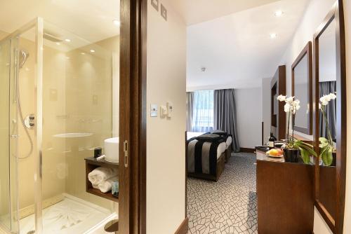 伦敦帕丁顿考特伦敦尊贵酒店的带淋浴、卫生间和盥洗盆的浴室