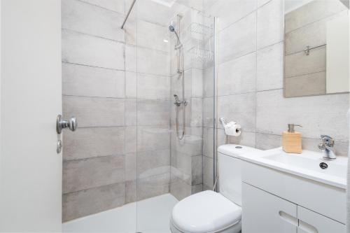 卡斯卡伊斯BeGuest Cascais Cozy Studio的带淋浴、卫生间和盥洗盆的浴室