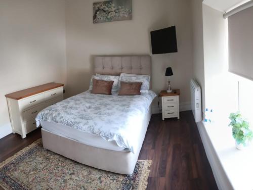贝尔马利特THE LODGE (Belmullet town centre)的卧室配有白色的床和地毯。