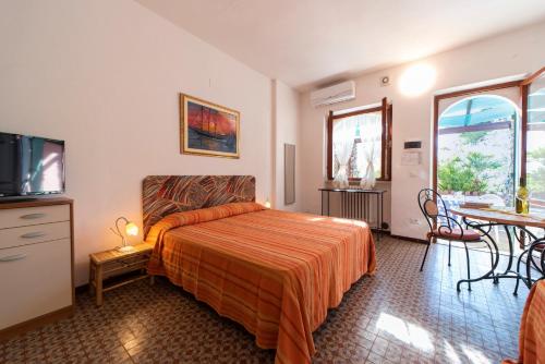 阿祖罗港Gavila's Residenza Turistico Alberghiera的一间卧室配有一张床、一张桌子和一台电视。