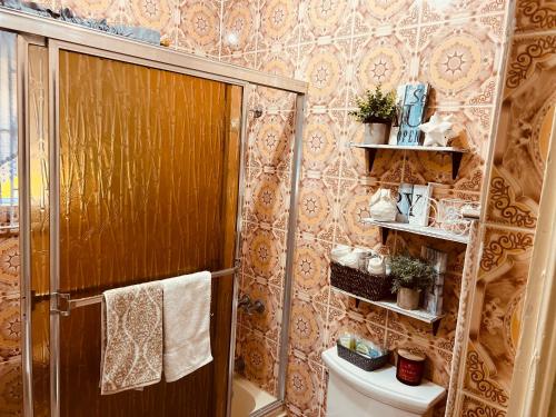 蒙特哥贝Homely Escape的带淋浴、卫生间和毛巾的浴室
