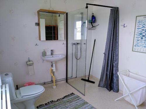 HenånLägenhet naturnära i Henån的带淋浴、卫生间和盥洗盆的浴室