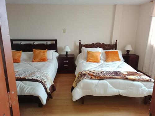 阿基塔尼亚Casa Rural Zaba Lago de Tota的一间卧室配有两张带橙色枕头的床。