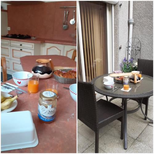 Chambre un instant de cocooning的两张桌子照片,上面有食物和橙汁