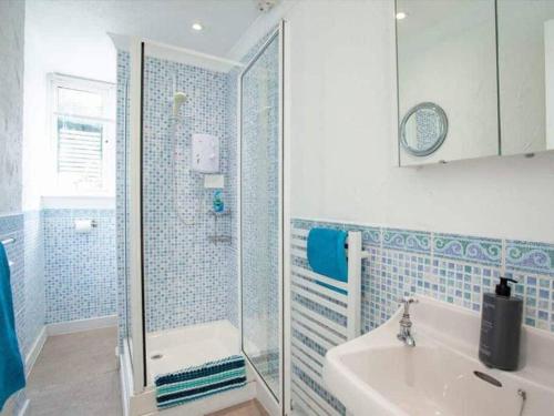 托基Detached period house in sought after location的蓝色瓷砖浴室设有水槽和淋浴
