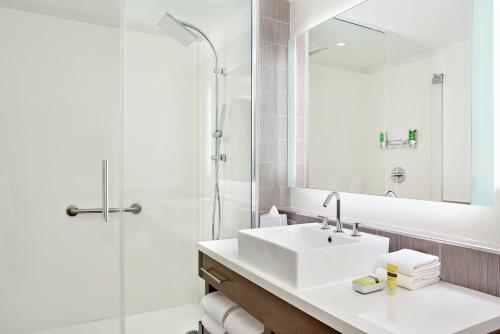 汉诺瓦BWI机场阿伦德尔米尔斯埃利门特酒店的白色的浴室设有水槽和淋浴。