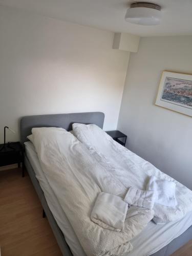 卑尔根Apartment 7 min from the airport的一张带白色床单的床和两个枕头