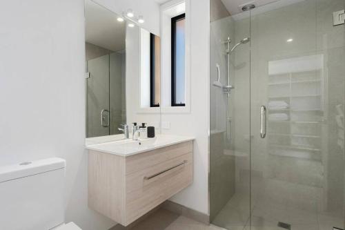瓦纳卡Fantail Corner的一间带水槽和玻璃淋浴的浴室