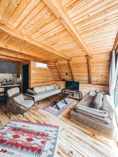 萨卡里亚MERCE BUNGALOV的大型木制客房设有沙发和电视。