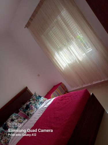 拉乌Mekkad的一间卧室配有一张带粉色床单的床和一扇窗户。