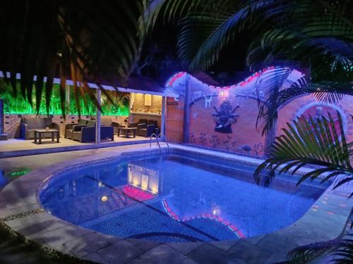 卡诺阿Casa Shangri La的夜间游泳池,配有圣诞灯