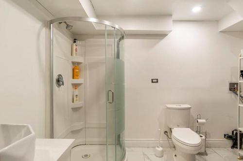 多伦多BIG Oasis Studio near Airport YYZ的一间带卫生间和玻璃淋浴间的浴室
