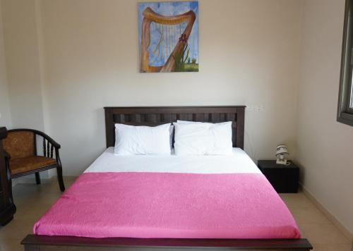 Poriyyaוילה על ההר的卧室配有粉红色毯子,位于床上
