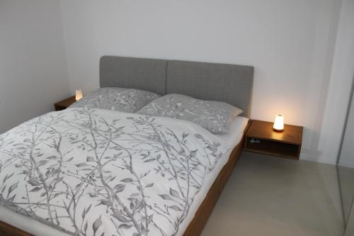 格蒙登Wohnung am Traunsee的卧室内的一张床位,带2个床头柜