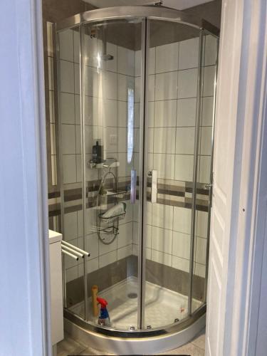 阿罗La « cabaneste » dans Arreau的一间浴室内的玻璃淋浴间,浴室内配有玩具