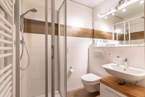 格拉弗瑙Landhaus Laih的带淋浴、盥洗盆和卫生间的浴室