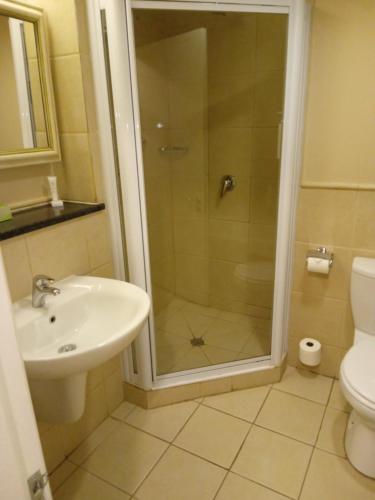 布隆方丹布隆方丹万豪Protea酒店的带淋浴、盥洗盆和卫生间的浴室