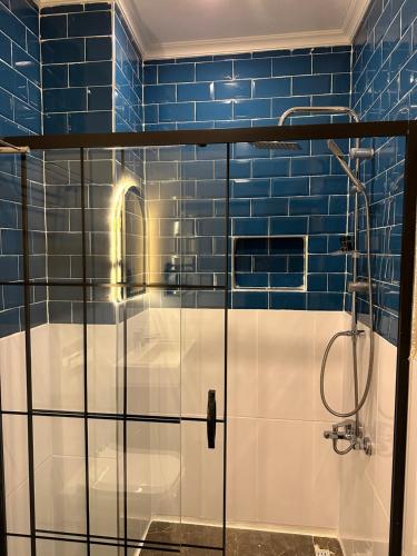 ArnavutköyLoft Park Hotel's的浴室设有蓝色瓷砖淋浴。
