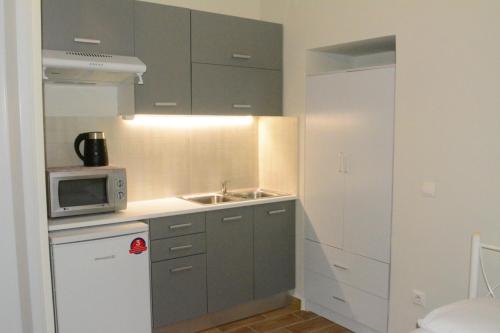 VathíLily's studio的一间带水槽和微波炉的小厨房