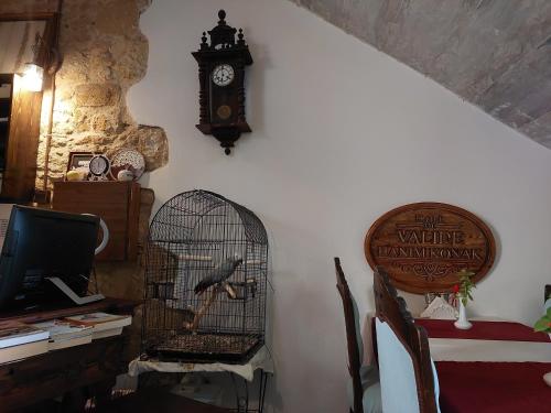 北尼科西亚Hotel Valide Hanim Konak的鸟笼里的一个房间,墙上有一个钟