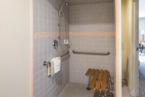 图莱里Quality Inn & Suites的浴室内带长凳的淋浴间