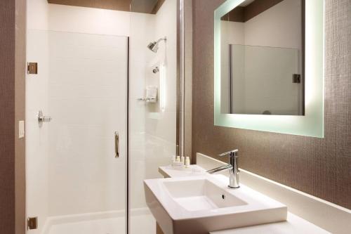 克拉尔维尔SpringHill Suites by Marriott Coralville的浴室配有盥洗盆和带镜子的淋浴