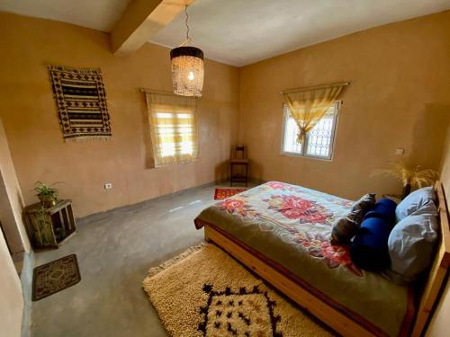 廷吉尔Les chandelles的一间卧室配有床、地毯和窗户。