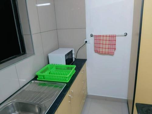 苏瓦Barrett Accommodation Apartment的厨房配有水槽和位于柜台上的绿色托盘