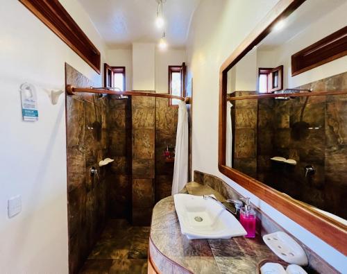 阿约拉港Lava Heron Galapagos Apartment的一间带水槽和淋浴的浴室