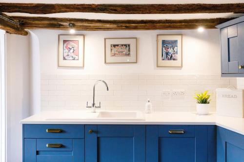 DitchlingThe Bank House的厨房配有蓝色橱柜和水槽
