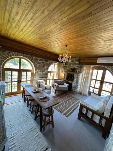 格克切达镇KİNZİ İMROZ的客厅设有木制天花板和桌子
