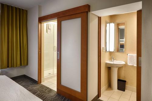 奥尔巴尼SpringHill Suites by Marriott Albany Latham-Colonie的浴室设有床、水槽和门