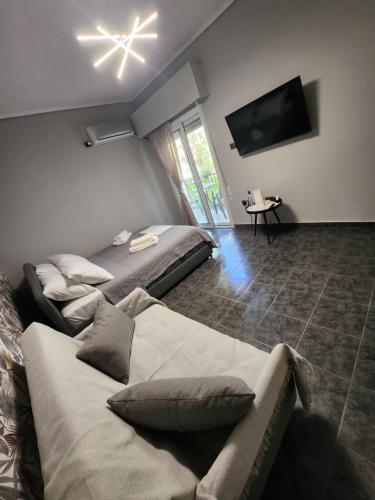 阿纳维索斯Small luxury apartment的客厅配有两张床和一台平面电视