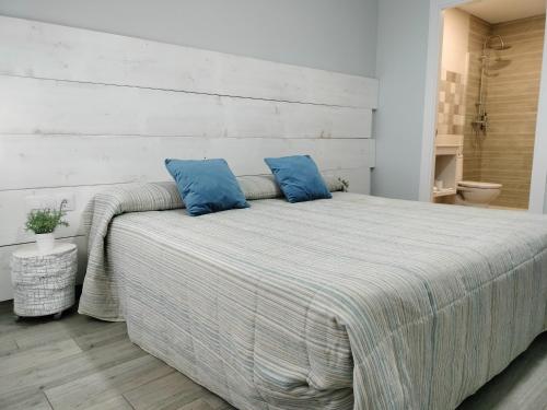 ValdesalorPosada de la plata的一间卧室配有一张带蓝色枕头的大床