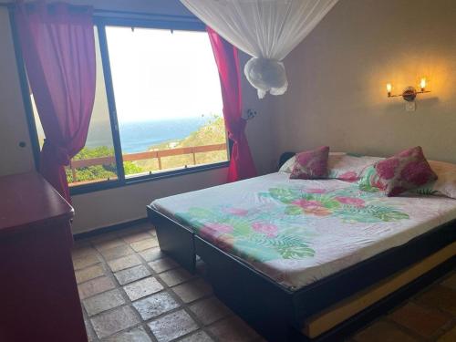 莱昂斯-达赫雷La Villa de Petite Anse - Piscine的一间卧室设有一张床,享有海景