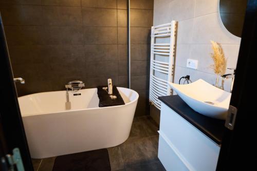 莫伊西德约斯RDT Guest House-Rai din Transilvania的浴室配有白色浴缸和水槽