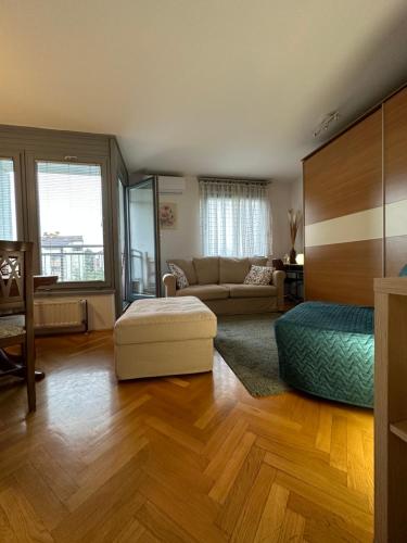 萨格勒布Lanište - Prelijep stan, balkon, wifi + besplatan parking的带沙发和床的大型客厅