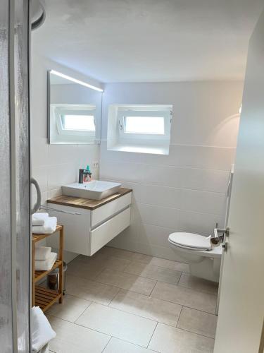 基希海姆Appartement Am Straßland的白色的浴室设有水槽和卫生间。