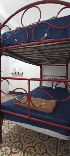 奥里萨巴Hostal Casa Azul, Chantli的两张双层床,配有蓝色床单