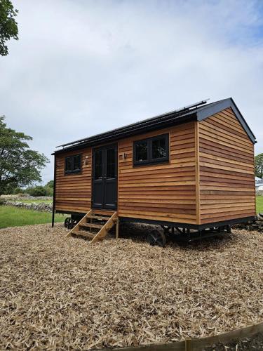 卡纳芬Woodland Shephards Hut - 'Aristocrat'的坐在田野顶上的木制小房子