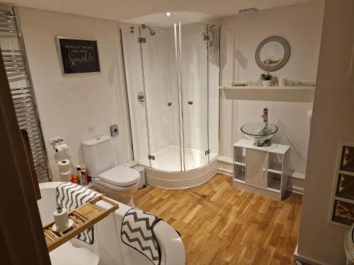 普里茅斯The Granary House - Luxury Stays的带淋浴、卫生间和盥洗盆的浴室
