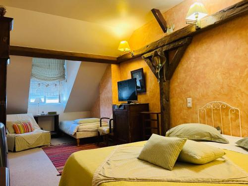 图尔LE JARDIN DU VENDOME的一间酒店客房,设有两张床和电视