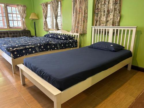 华欣ThaiTae GuestHouse HuaHin的绿墙客房内的两张床