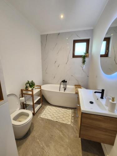 TÄƒuÅ£ii MÄƒgheruÅŸJulia's home的带浴缸、卫生间和盥洗盆的浴室