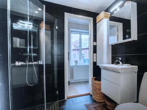 哈尔姆斯塔德Room, central location的带淋浴和盥洗盆的黑色浴室