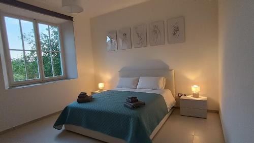 Bacu AbisCivico 7的一间卧室配有一张带蓝色毯子的床和窗户。