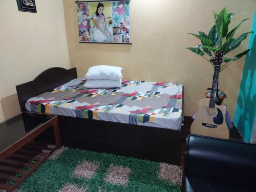 佩林OYO Home Narayan Homestay & Adventures的一间卧室,配有一张带吉他和植物的床