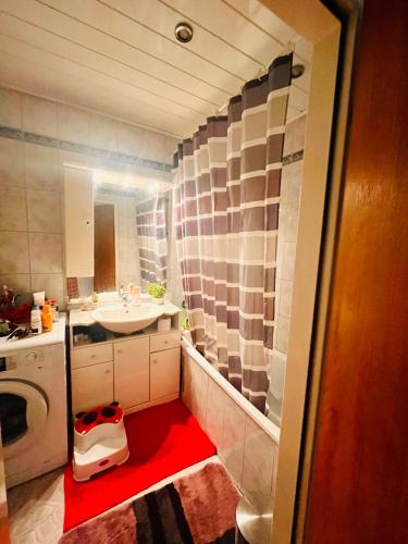 维也纳10 min from U1 - Private room in shared apartment的一间铺有红色地板并配有水槽的小浴室