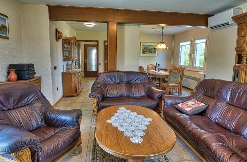 利姆斯Villa Vili的客厅配有真皮沙发和桌子