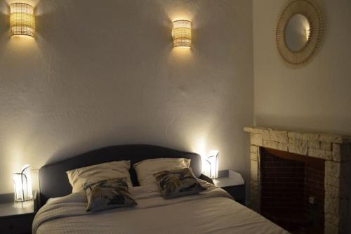 埃维昂莱班Le Chateau的一间卧室配有一张带两个枕头的床和一个壁炉